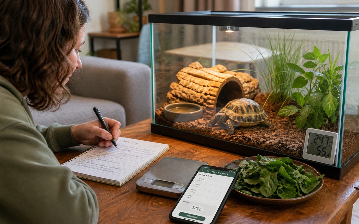 Photorealistic home scene of a turtle owner recording notes beside a terrarium, smartphone with care