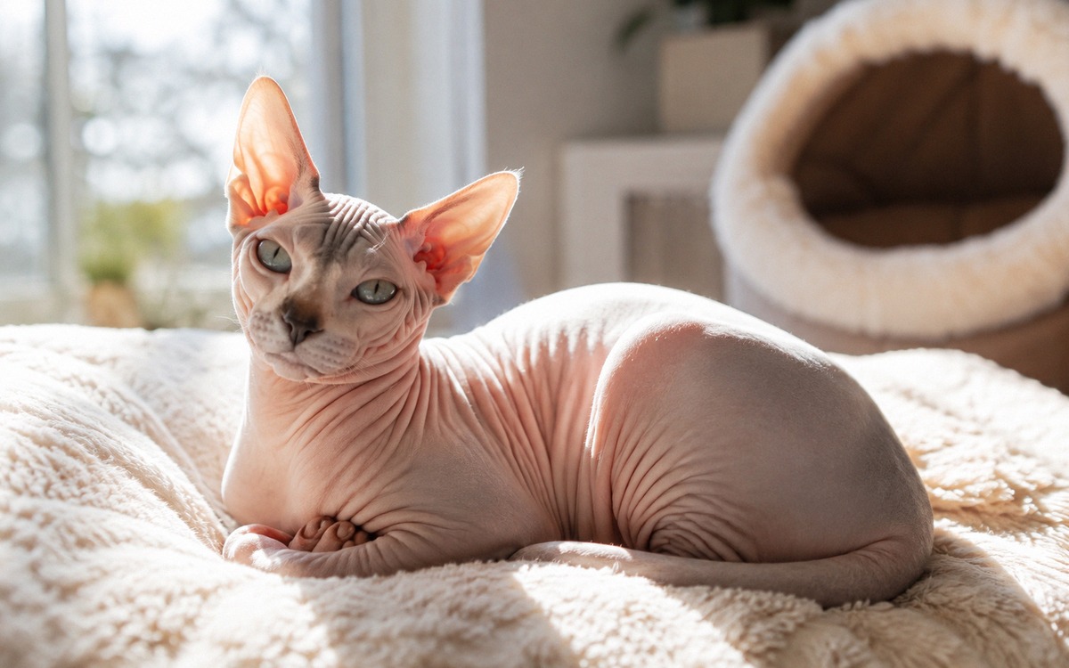 Hairless Sphynx cat resting comfortably on a soft warm blanket in a sunlit apartment, nearby cozy ca