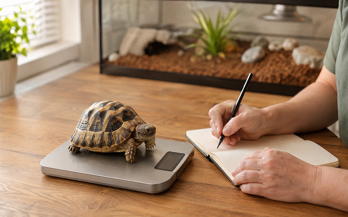 Realistic veterinary care scene at home: a healthy small tortoise calmly sitting on a digital kitche
