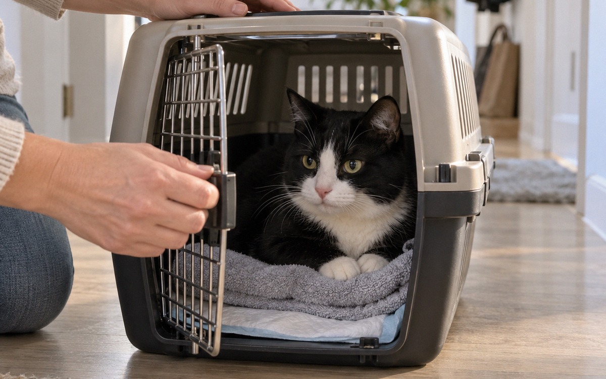 A realistic cat transport scene: a calm black and white cat resting on a soft towel inside a secure 