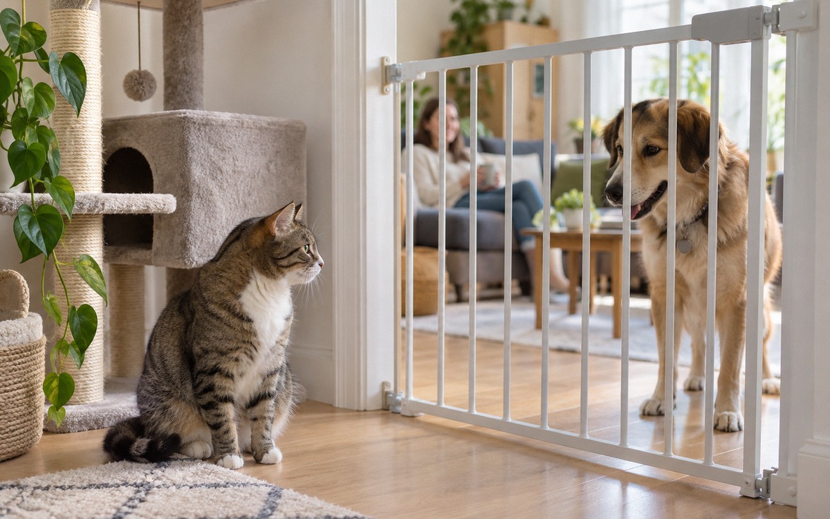 A safe gradual introduction between a calm adult tabby cat and a friendly medium sized dog separated