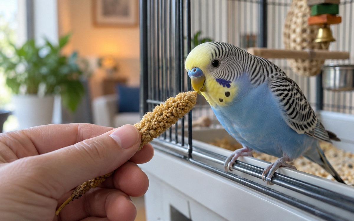 Natural close-up photograph of a patient owner offering a millet spray to a young budgerigar at the 