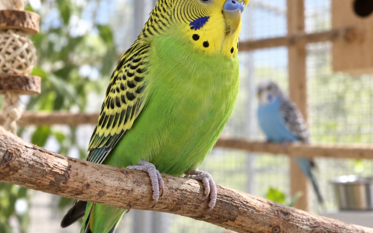 Close-up of a healthy alert green budgerigar perched on a natural branch in a clean breeder aviary, 