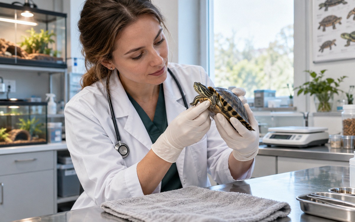 Veterinarian specialized in reptiles carefully examining a small turtle in a bright modern veterinar