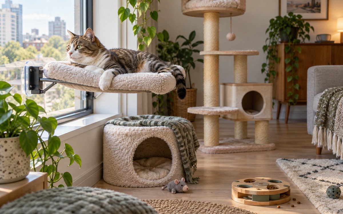 Realistic lifestyle photograph of a relaxed indoor cat on a secure window perch with a cozy hideout 