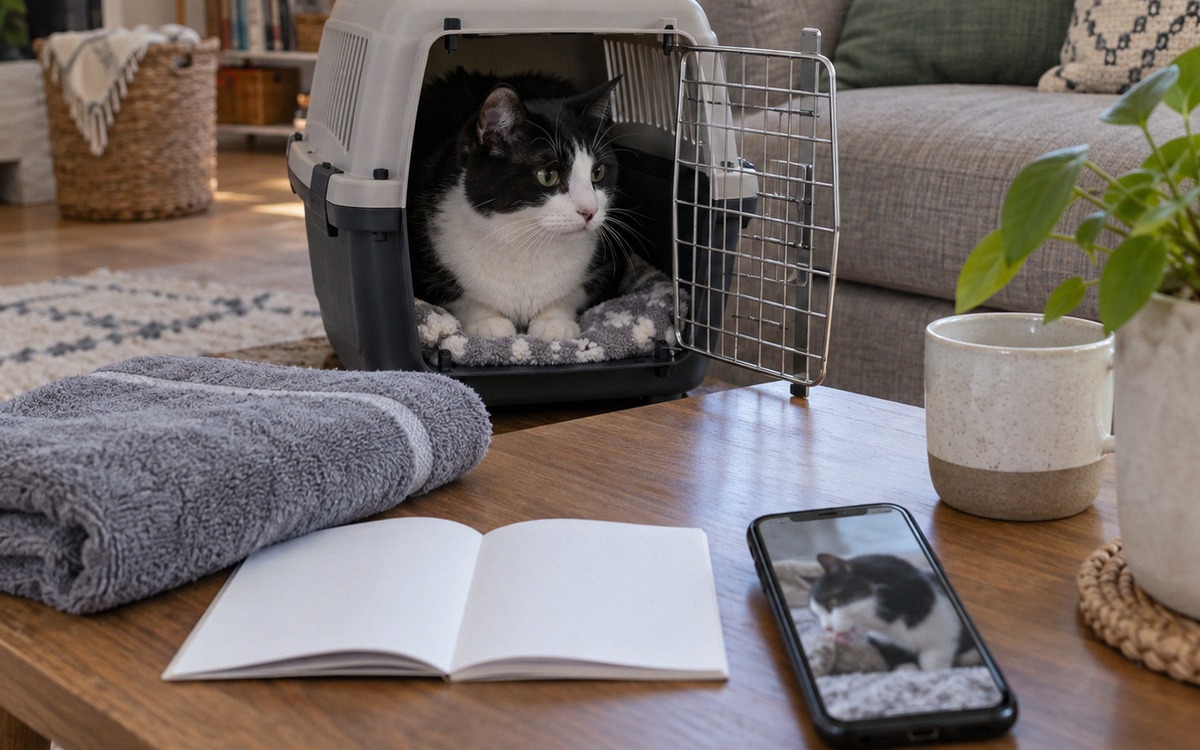 Pet owner preparing for a veterinary visit with a black and white domestic cat in a hard-sided carri