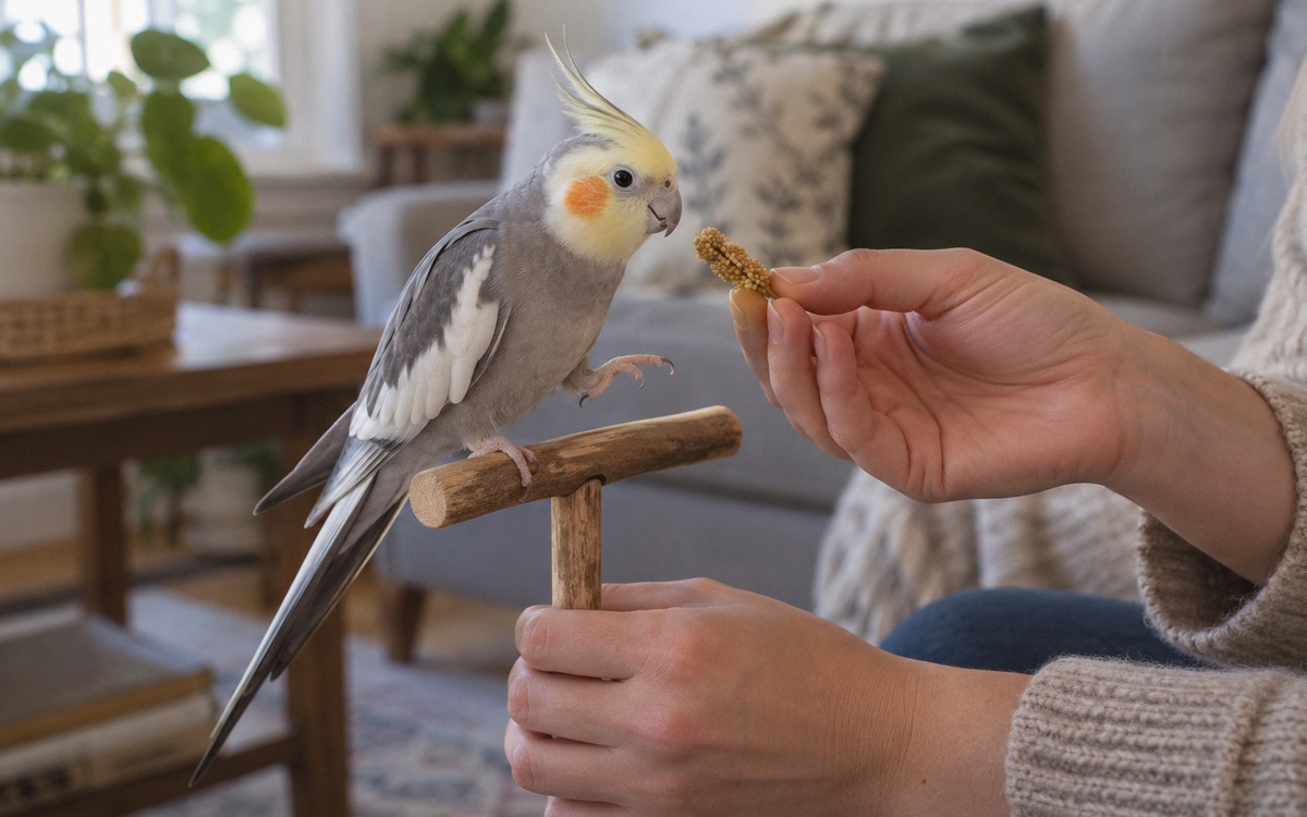 Natural realistic photograph of positive reinforcement training with a cockatiel stepping calmly ont