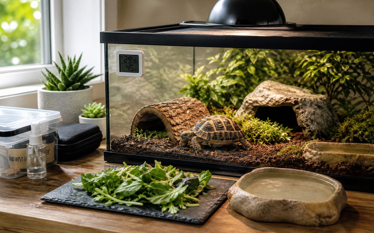 A practical turtle care checklist scene: digital thermometer, UVB lamp box, clean water dish, fresh 