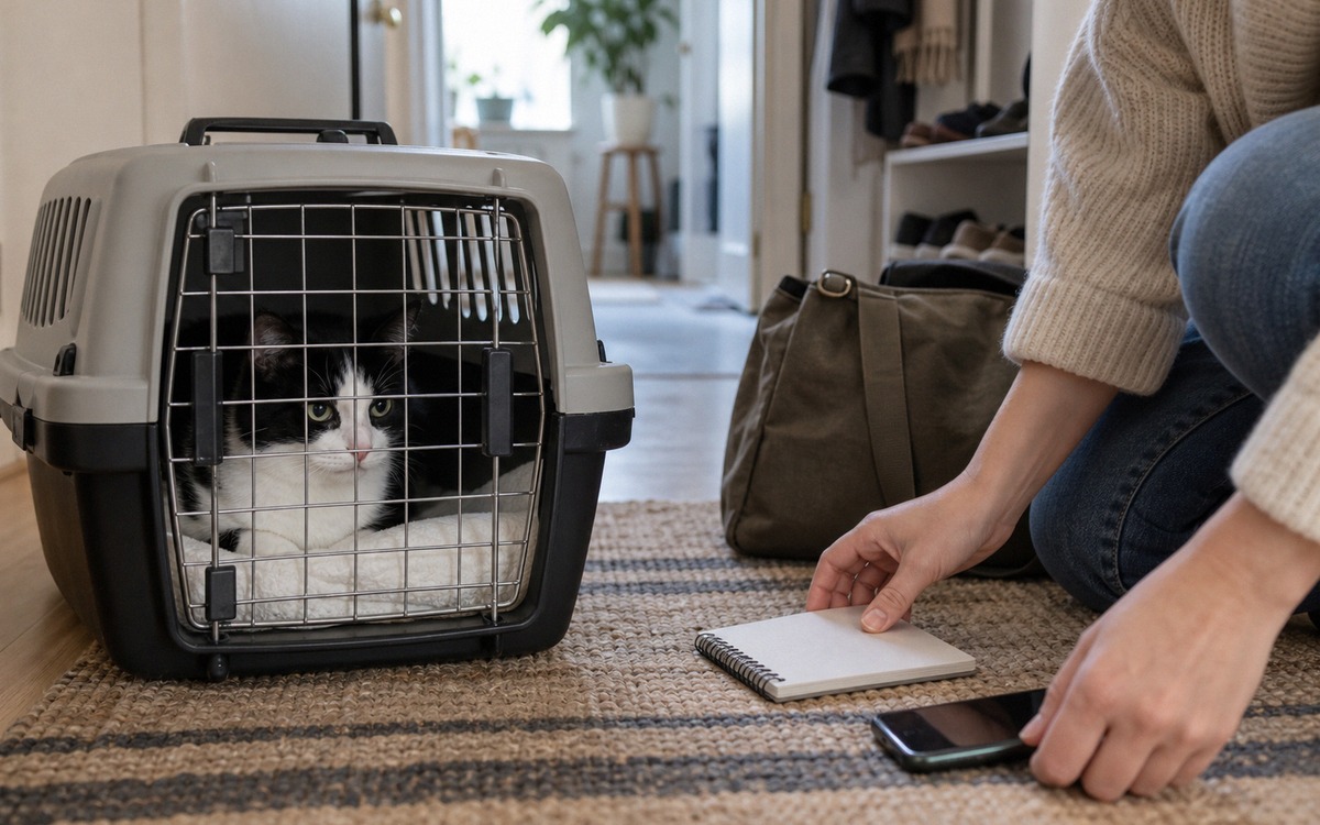 A calm black and white domestic cat inside a secure hard-sided pet carrier lined with a white absorb