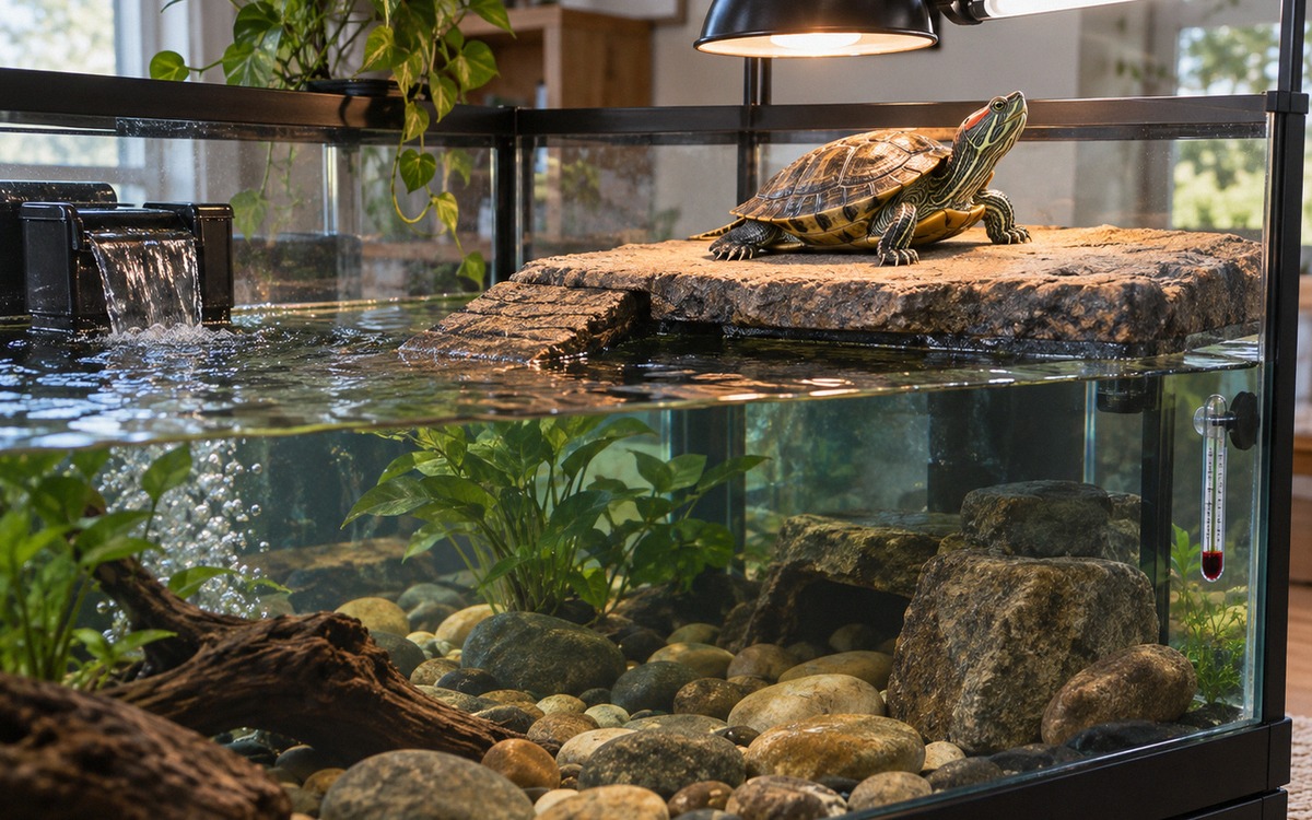 Well-maintained red-eared slider aquarium shown from a three-quarter angle, turtle basking fully dry