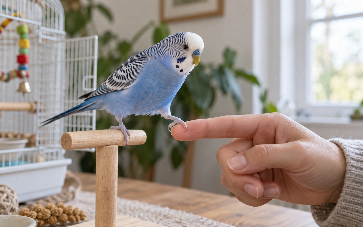 A realistic photograph of a blue budgerigar voluntarily stepping from a wooden tabletop perch onto a