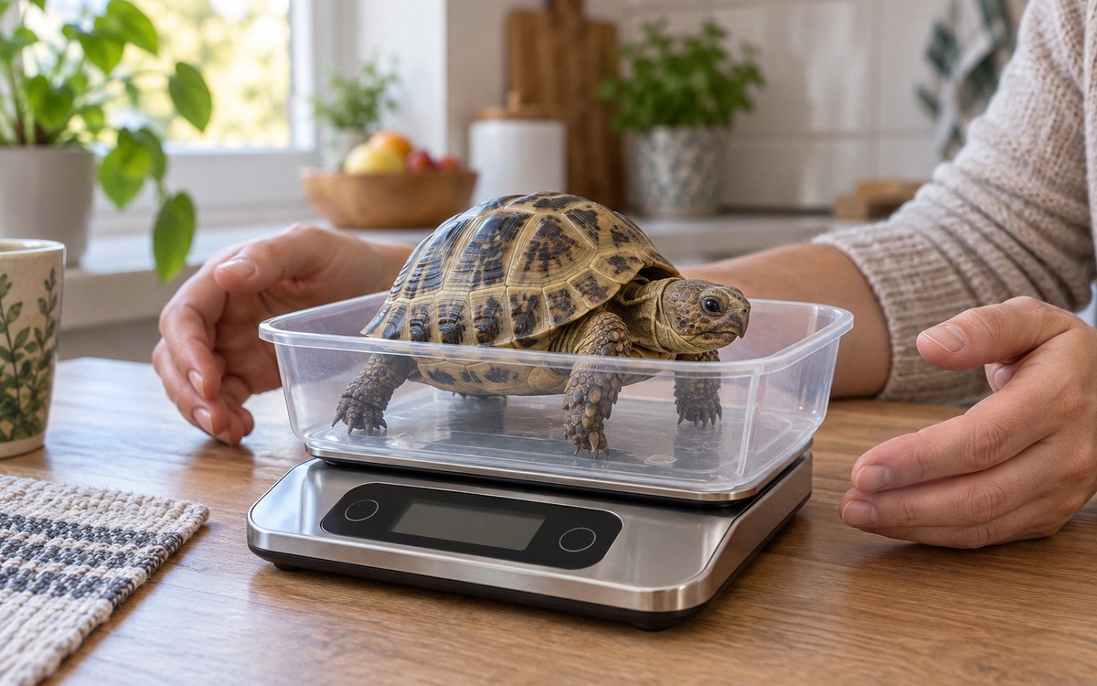 Photorealistic veterinary care scene at home: a Russian tortoise calmly standing in a shallow plasti