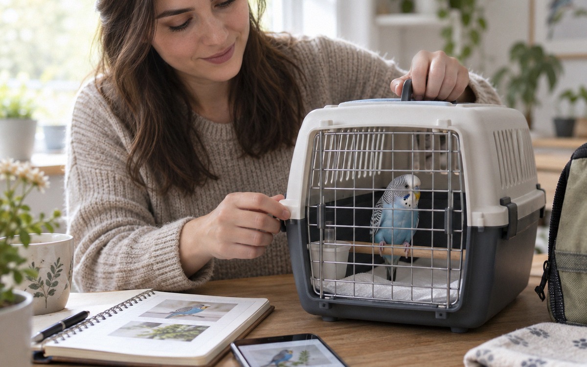 Responsible owner preparing a small travel carrier for a budgerigar veterinary visit, paper towel on