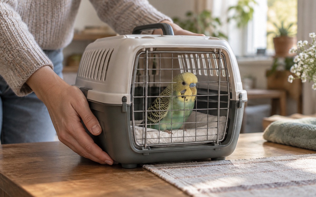 A calm budgerigar in a small travel carrier prepared for a veterinary visit, soft paper lining on th
