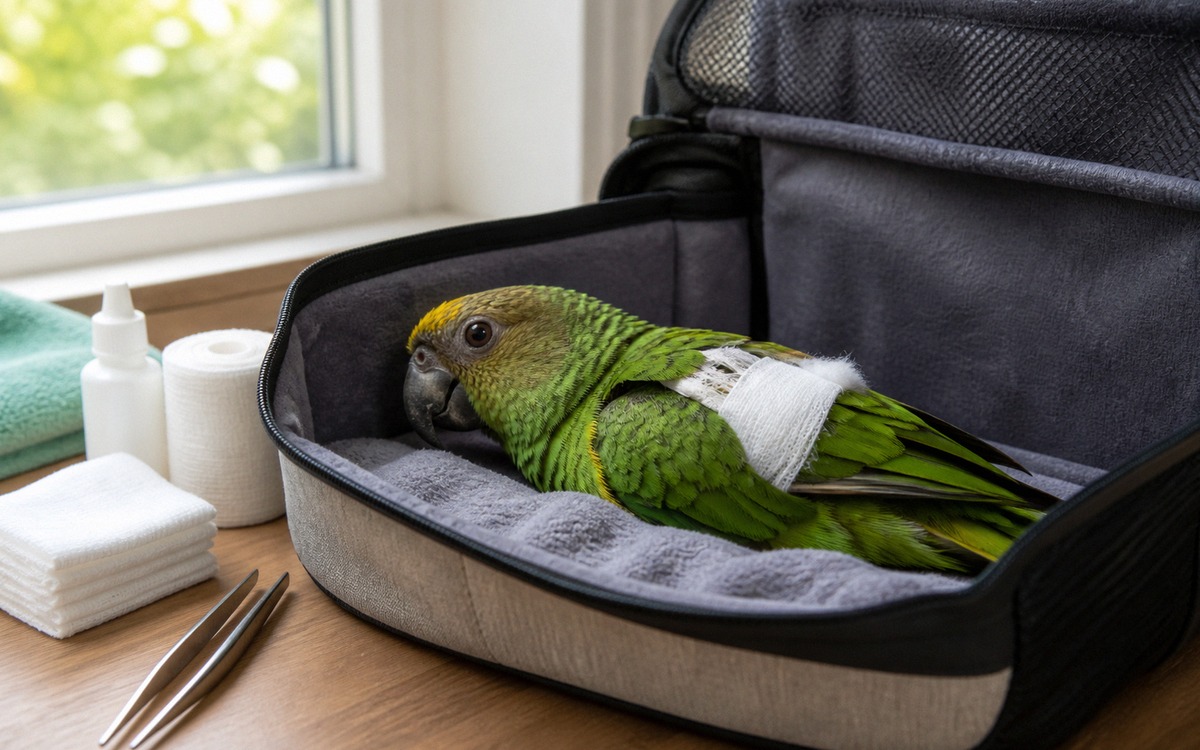 Photorealistic natural photography of a small parrot resting safely in a low padded travel carrier a