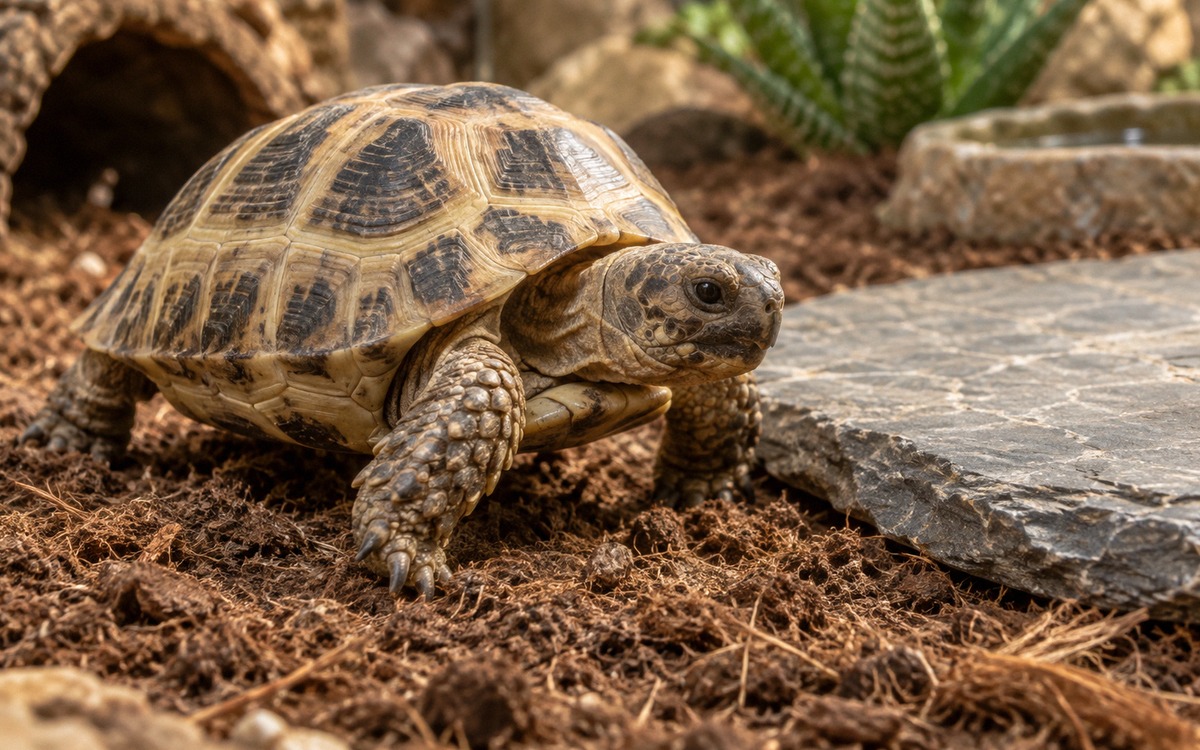 Macro-style natural photograph of a Central Asian tortoise walking on a safe loose natural soil and 