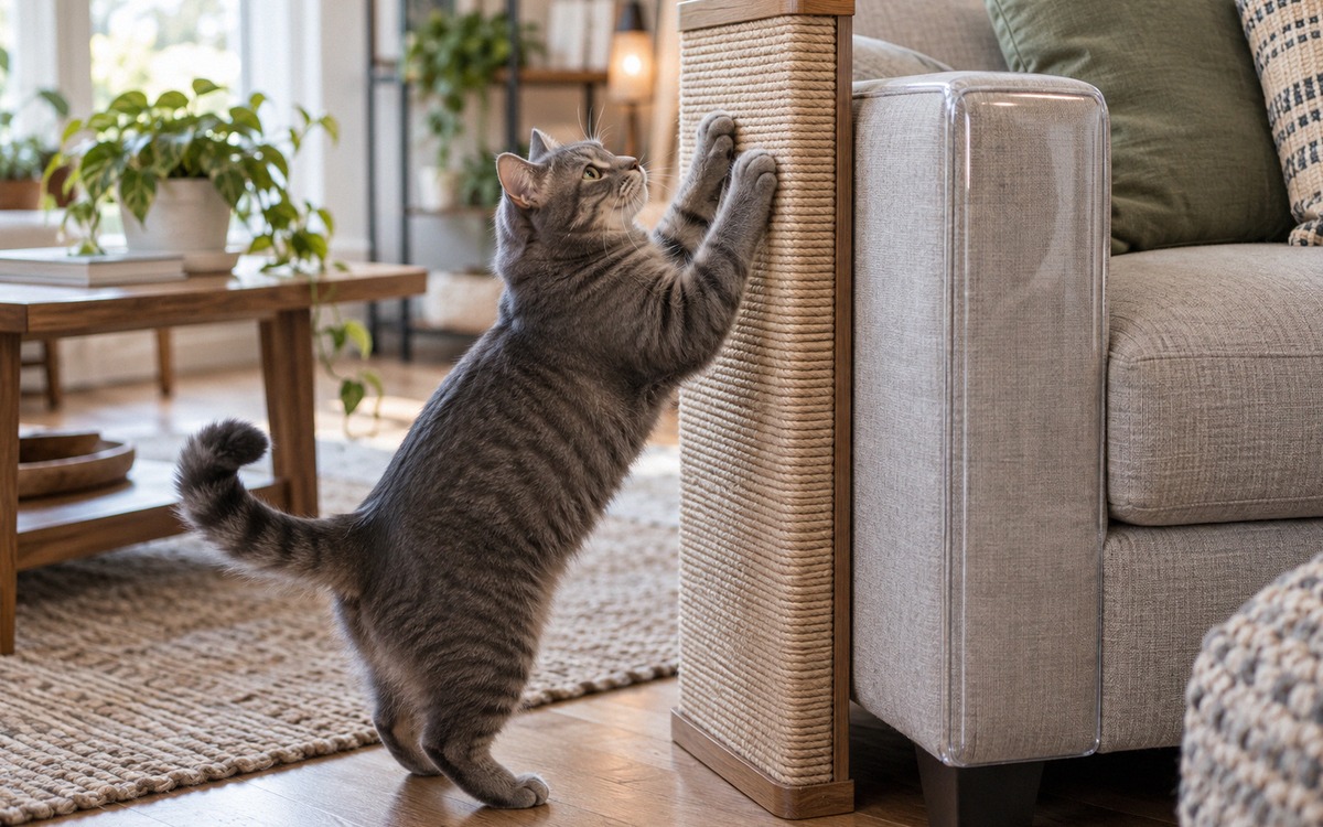 A realistic adult gray cat using a tall scratching board placed directly beside the corner of a sofa