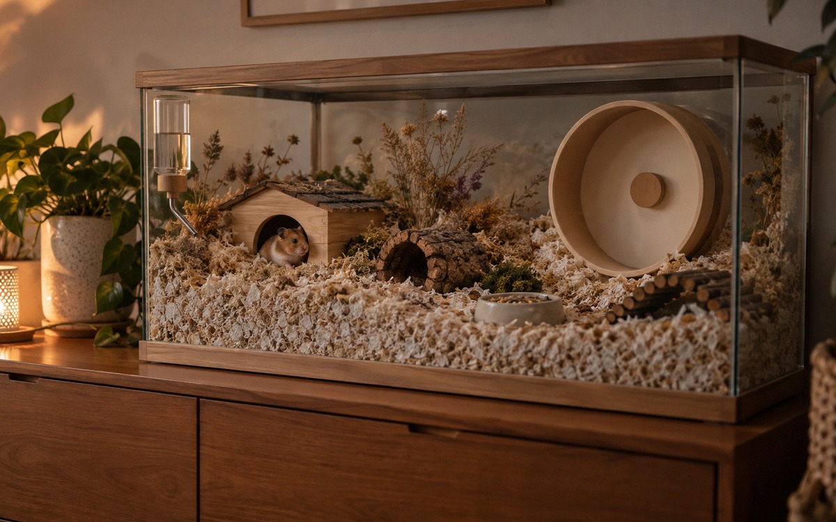 Photorealistic quiet evening interior showing a well-designed hamster habitat placed on a stable woo