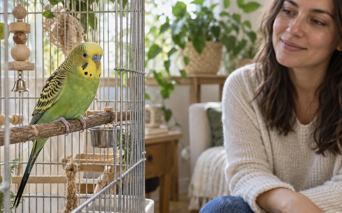 Photorealistic educational scene of a calm budgerigar resting on a perch while a considerate owner s