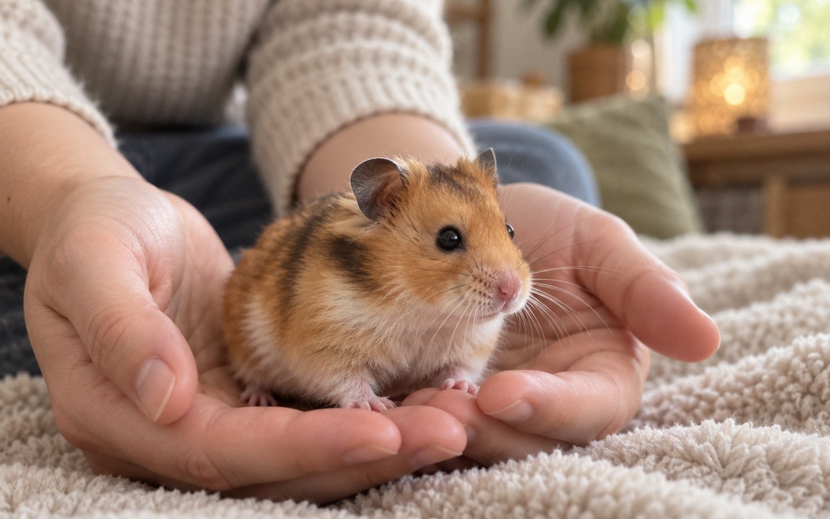 Safe handling demonstration with a Syrian hamster supported gently by two open adult hands held low 