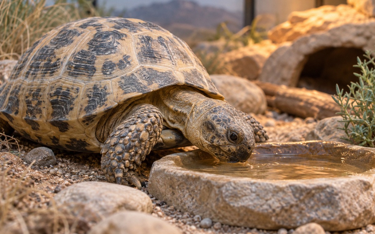 An adult Central Asian tortoise waking up after hibernation, calmly drinking from a very shallow war