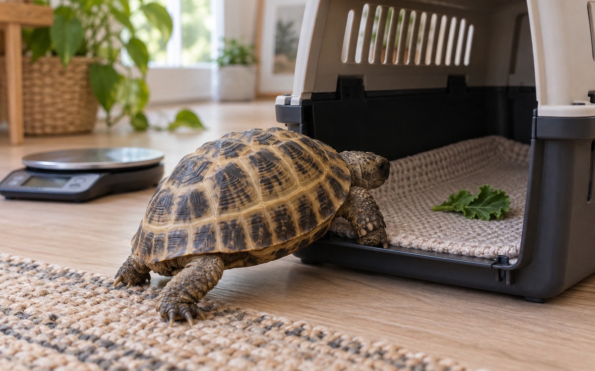 A calm Russian tortoise voluntarily stepping into a low open pet carrier lined with natural non-slip