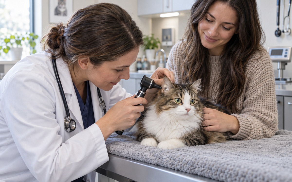 A veterinarian in a bright modern veterinary clinic calmly examining a domestic cat's ear with an ot