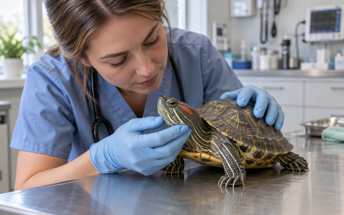 Photorealistic veterinary examination of a red-eared slider turtle in an exotic animal clinic, veter
