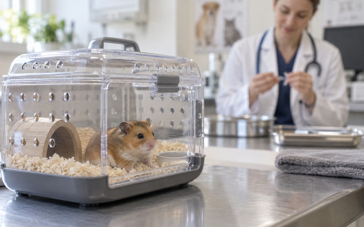 A small hamster in a secure ventilated pet carrier on a veterinary examination table, veterinarian i