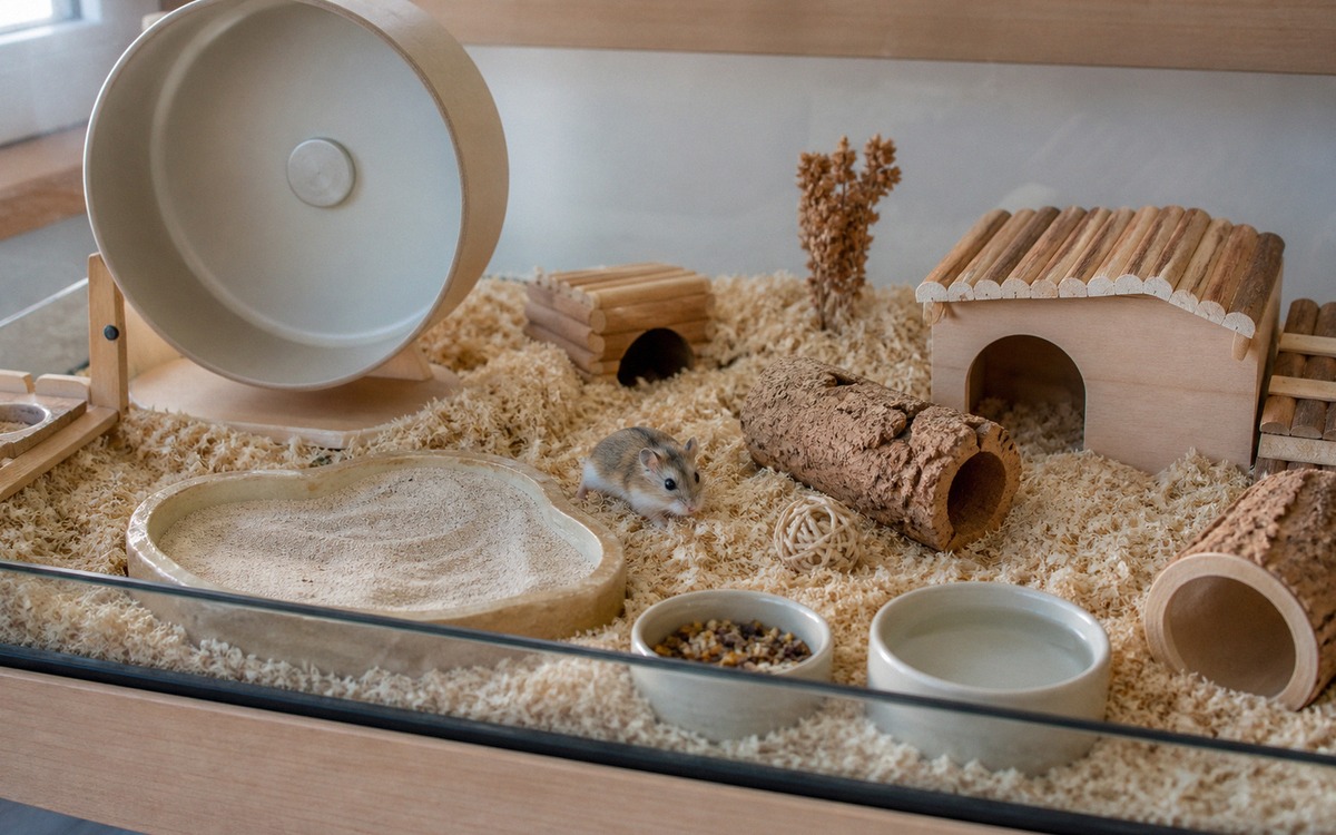 Spacious hamster habitat with deep bedding, large solid running wheel, sand bath, wooden hideouts, t