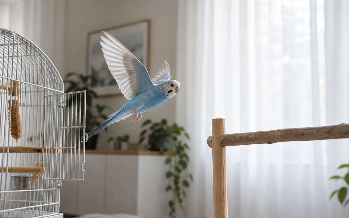 A photorealistic indoor scene of a small bird safely leaving an open cage in a prepared room, window