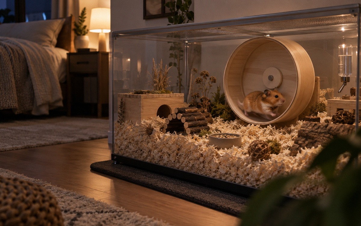 Photorealistic quiet bedroom-adjacent pet corner with a modern silent hamster wheel mounted securely