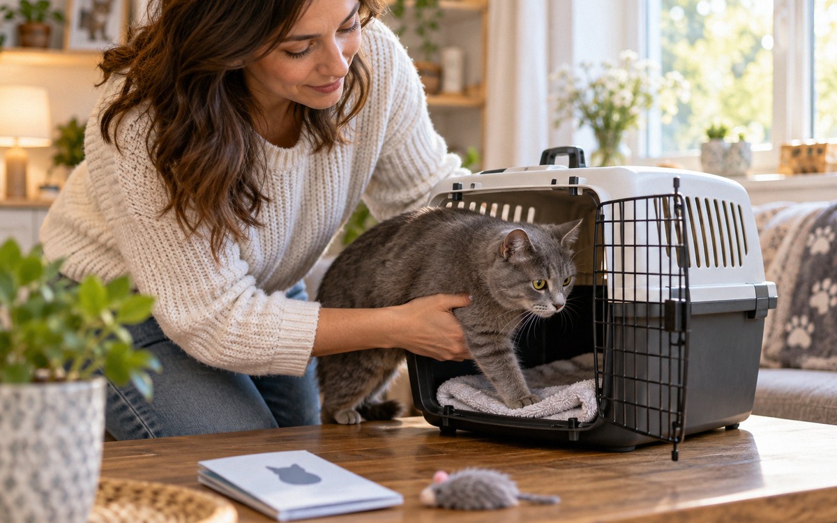 A concerned cat owner gently placing a calm gray cat into a veterinary carrier at home, clean carrie