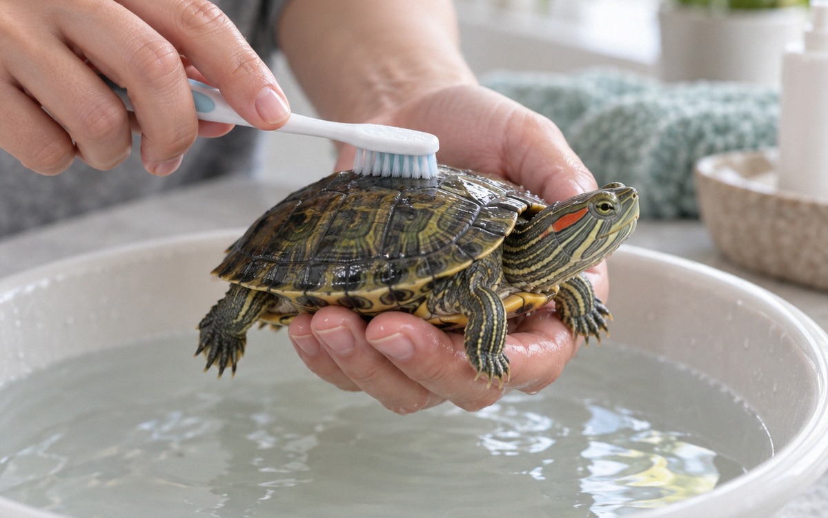 Careful hygienic cleaning of a juvenile red-eared slider turtle shell with a very soft small toothbr