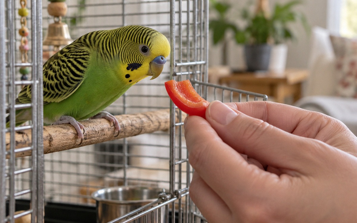 Owner gently offering a small piece of red bell pepper through the open door of a bird cage to a cur