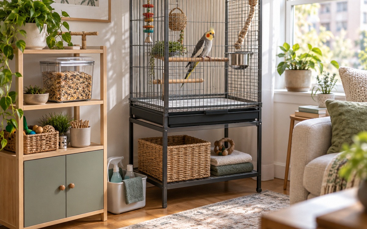 Organized clean bird care corner in a bright apartment: a well-maintained parrot cage away from the 