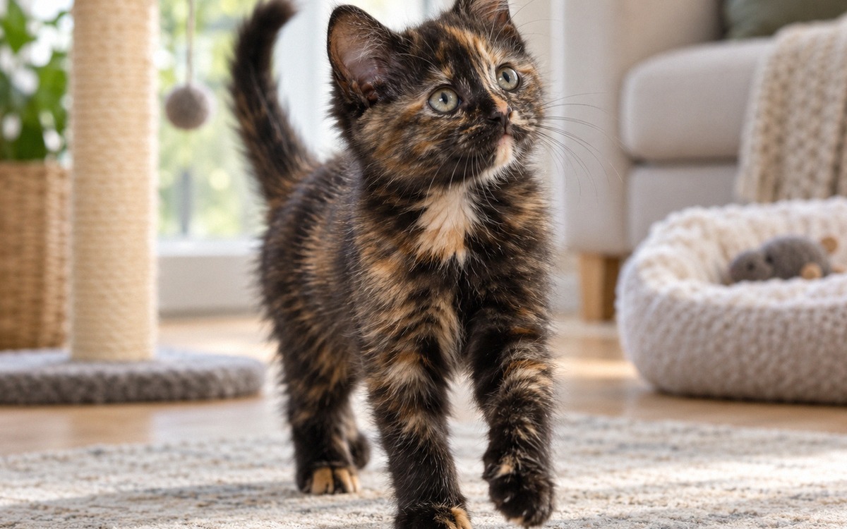 A healthy tortoiseshell kitten about twelve weeks old exploring a clean breeder's living room, brigh
