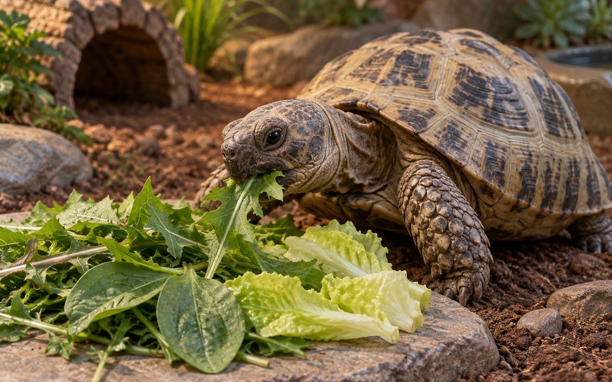 Detailed natural photograph of a healthy Central Asian tortoise eating fresh dandelion leaves, plant