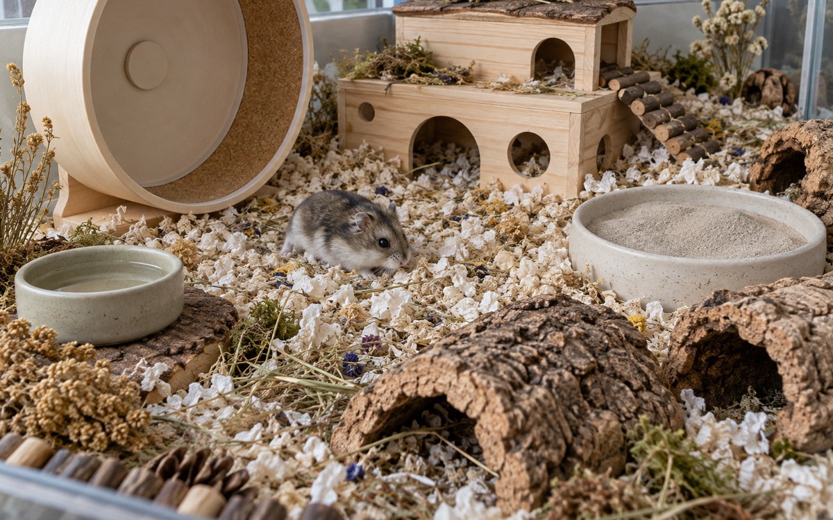 Wide photorealistic shot of a thoughtfully arranged hamster habitat viewed from slightly above: deep