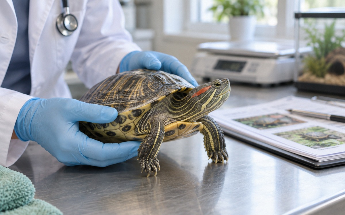 Veterinarian specialized in reptiles carefully examining a red-eared slider turtle on a clean clinic