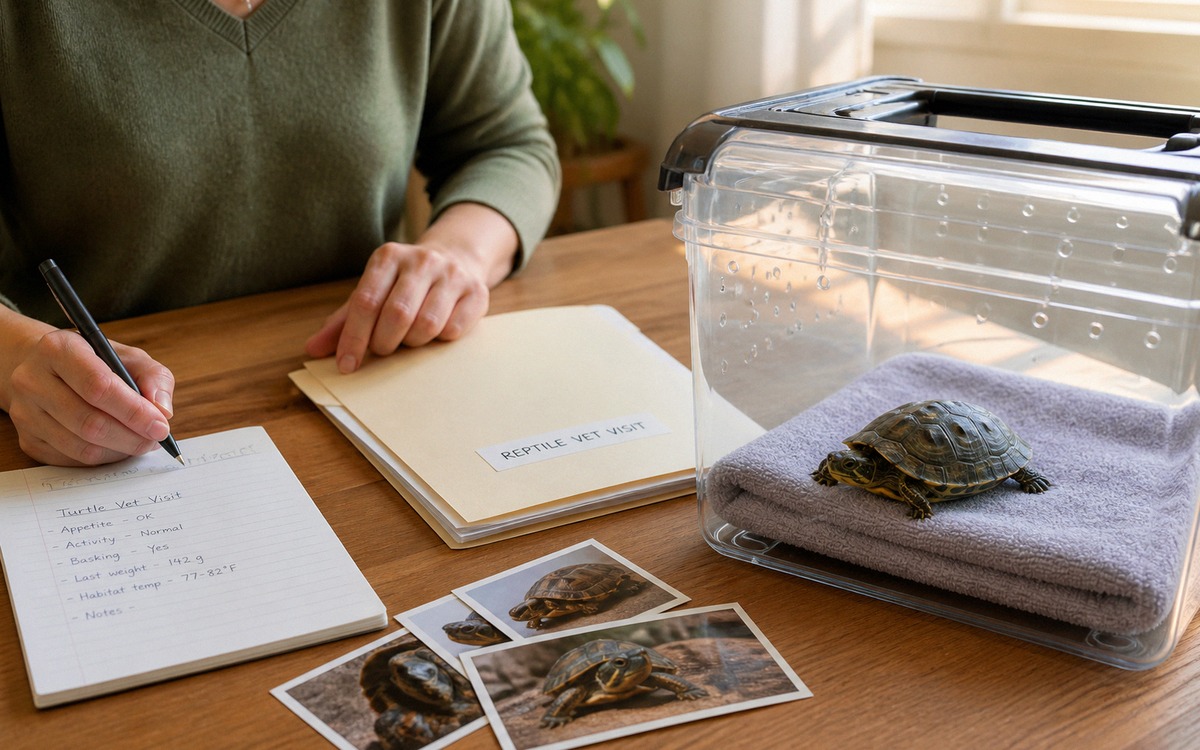 Photorealistic scene of a small turtle safely placed in a ventilated travel container with a folded 