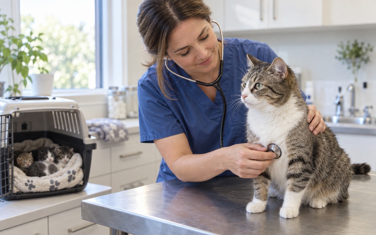 Compassionate realistic veterinary clinic scene with a female veterinarian gently examining an adult