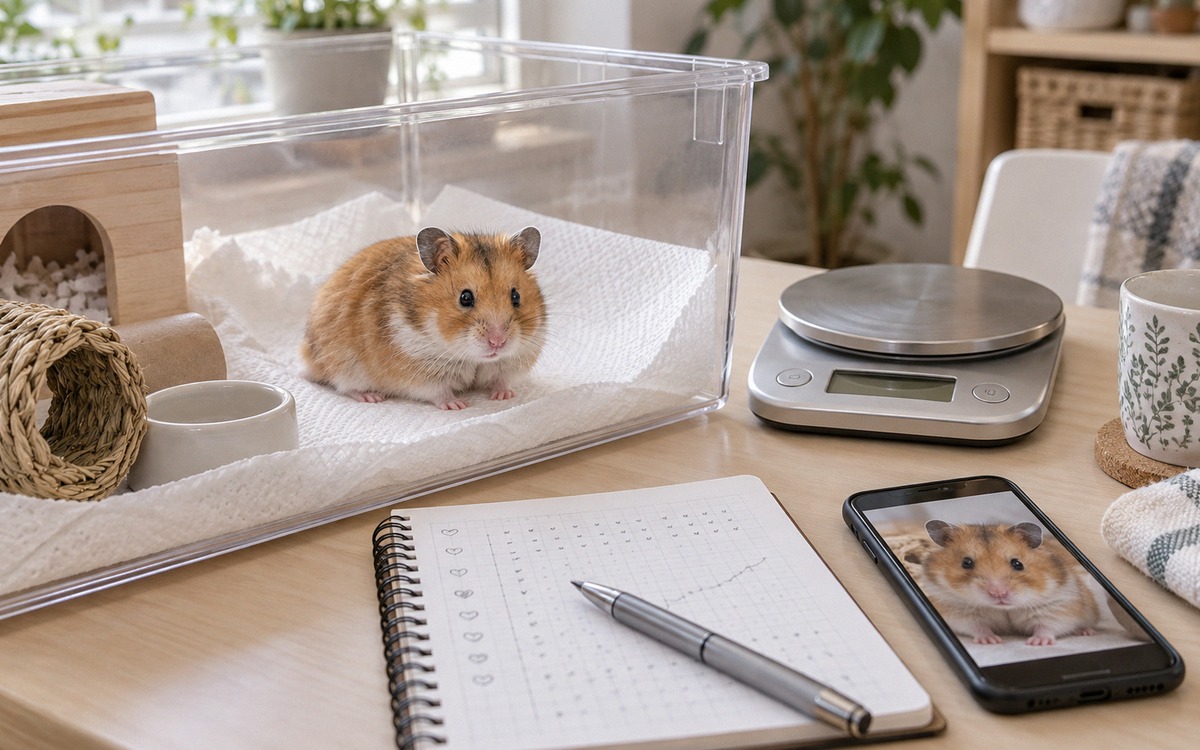 Photorealistic home care scene with a Syrian hamster in a clean transparent temporary enclosure on w