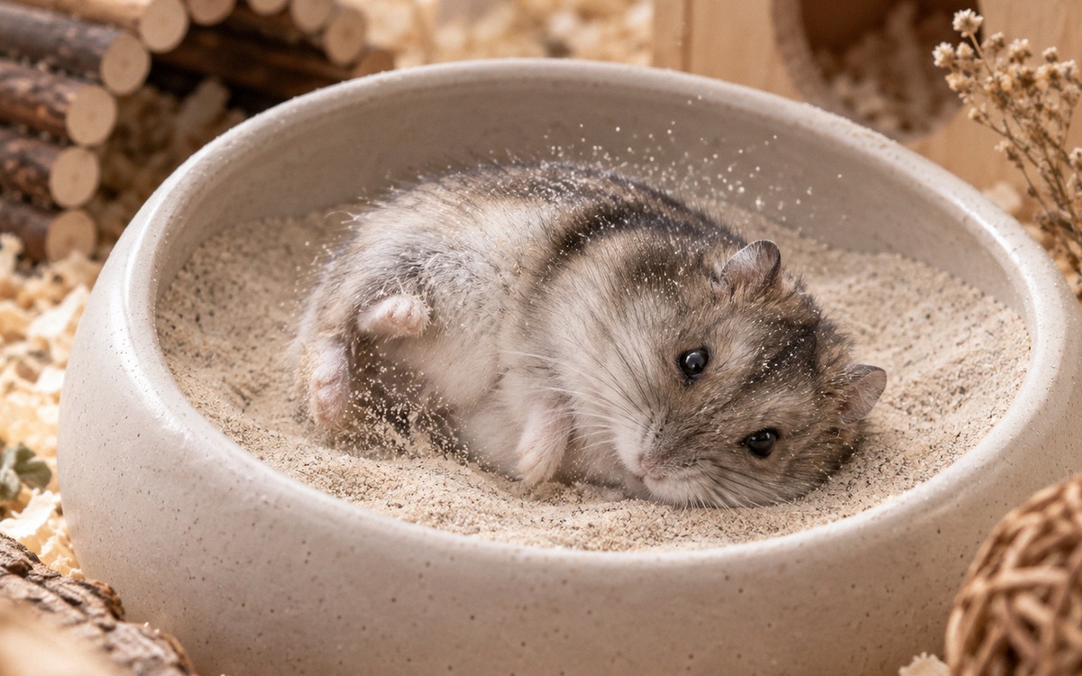 A Djungarian hamster rolling naturally in a small ceramic sand bath filled with fine safe pet sand, 