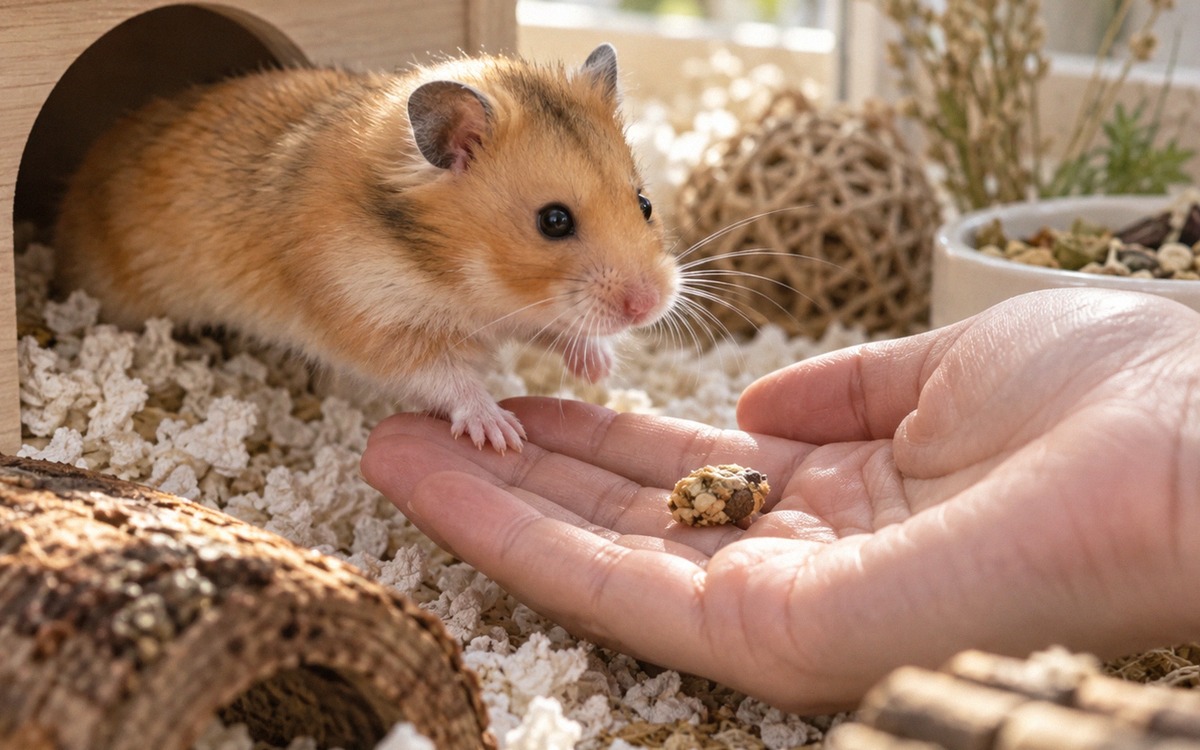 Gentle hand-taming scene: a calm golden Syrian hamster voluntarily stepping onto an open human palm 