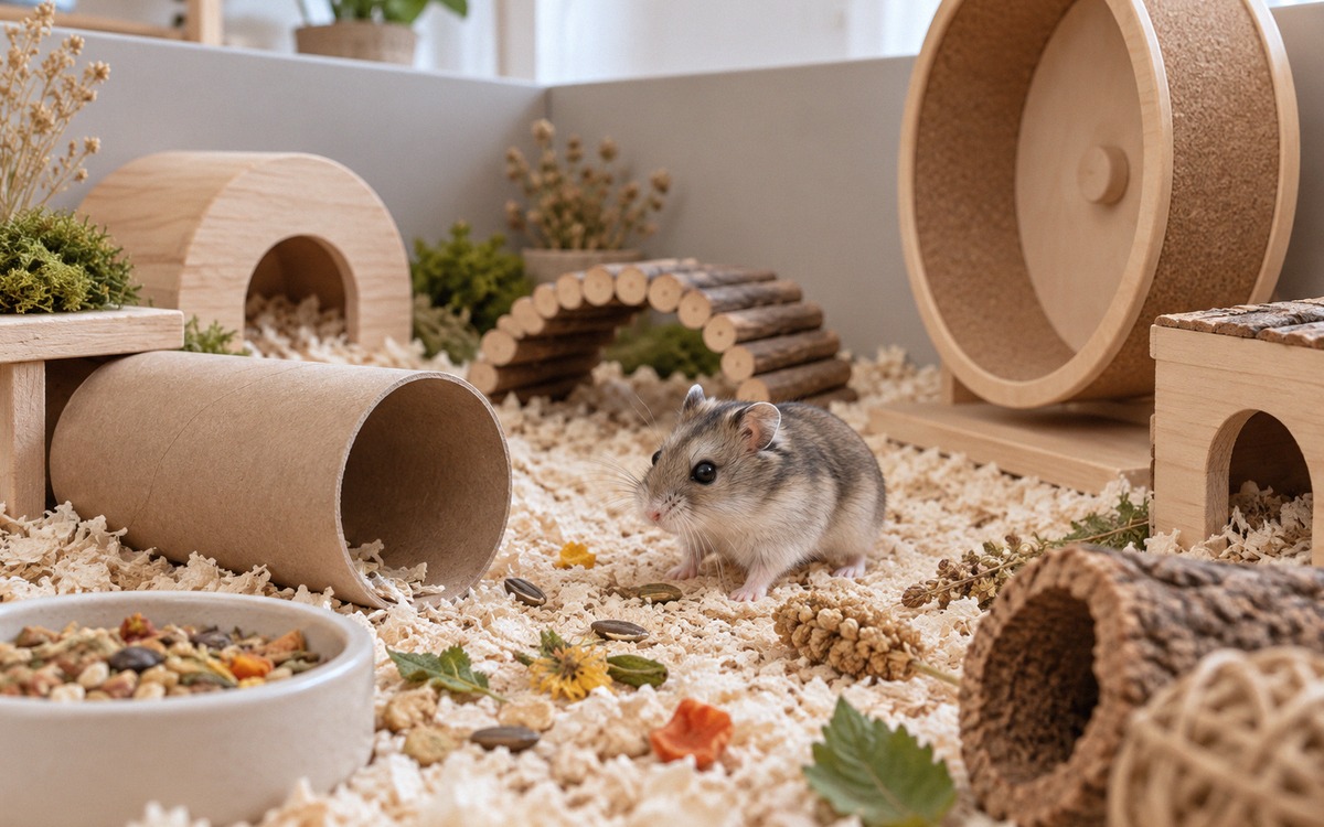 A small dwarf hamster safely exploring a tidy indoor playpen with high smooth walls, cardboard tunne