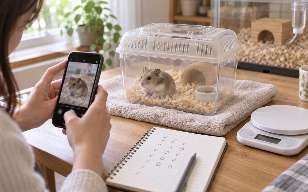 A responsible pet owner documenting a hamster's condition with a smartphone beside a clean hamster h