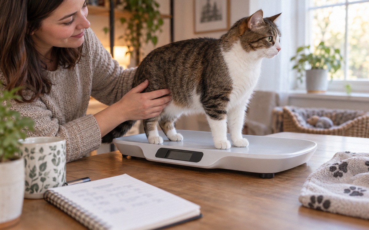 Owner gently weighing a calm domestic cat on a digital pet scale at home, notebook with handwritten
