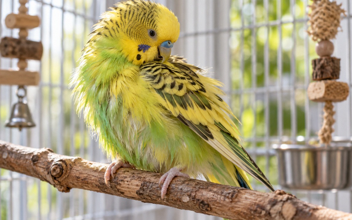 A healthy yellow and green budgerigar calmly preening and drying its feathers on a natural wooden pe