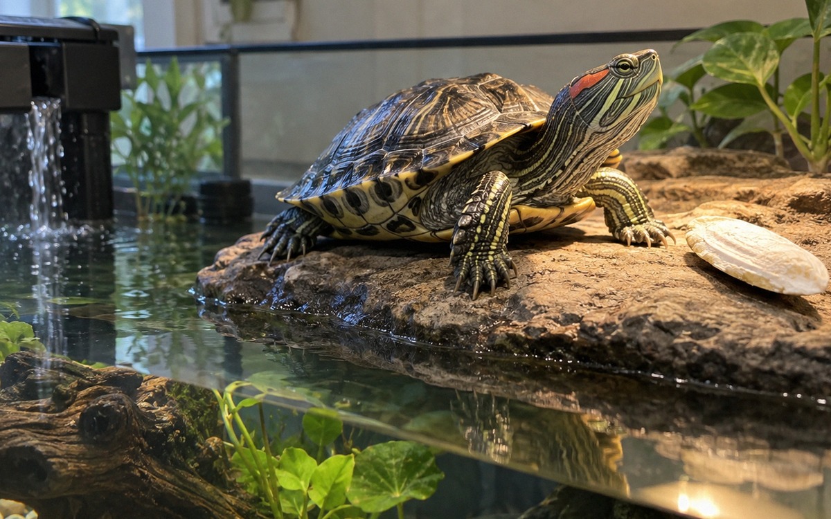 Healthy red-eared slider turtle resting on a dry basking platform under a reptile UVB lamp in a well